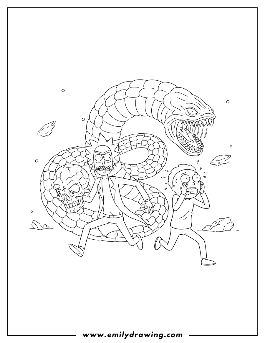 Simple sketch of rick And Morty Running From Alien Worm Scaled, Rick holding a large alien skull, Morty yelling to color