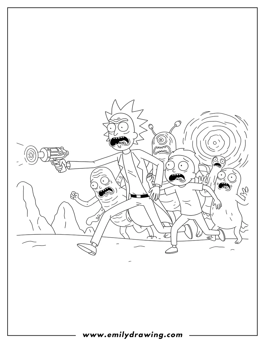 Printable line art of rick and Morty, screaming and scared, running from aliens with Rick holding a portal gun
