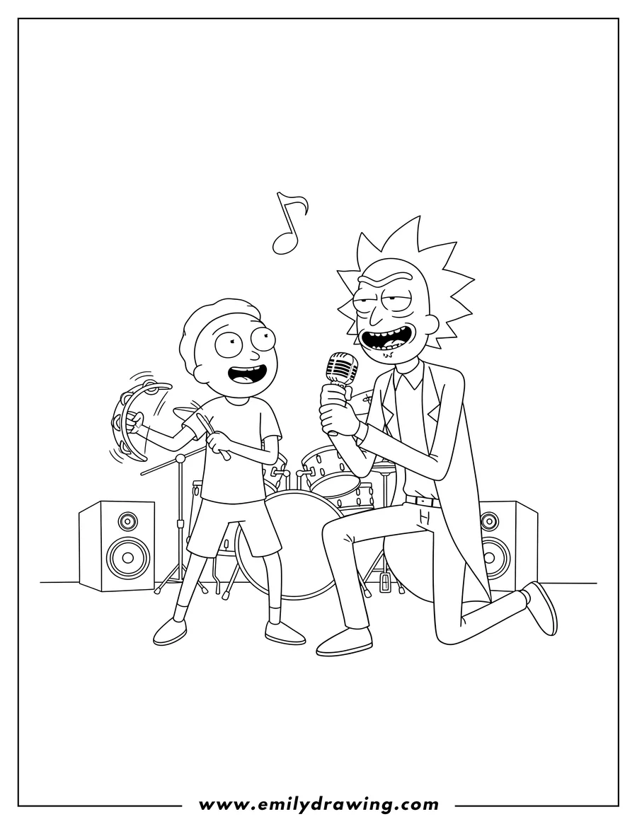 PDF style coloring page: rick and Morty singing, with Rick kneeling and holding a microphone, and Morty playing a tambourine