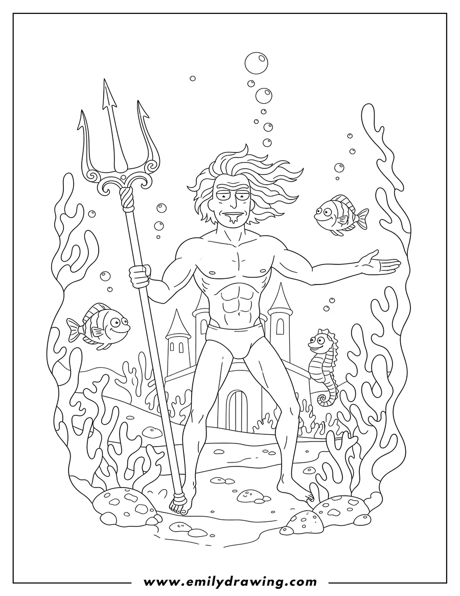 Coloring page of rick And Mortys Mr. Nimbus holding a trident in his underwater kingdom