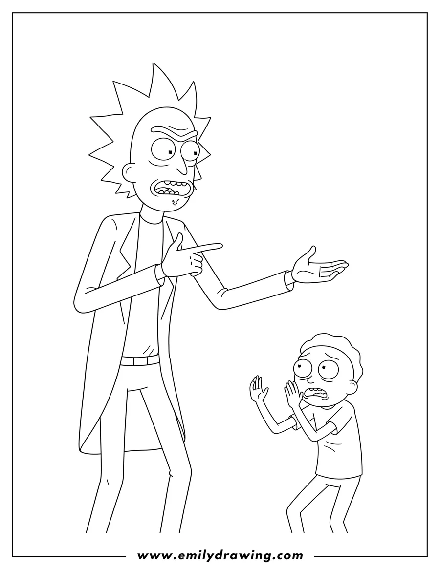 Black and white line art of rick Lecturing Morty Scaled, with Rick gesturing and Morty raising his hands defensively
