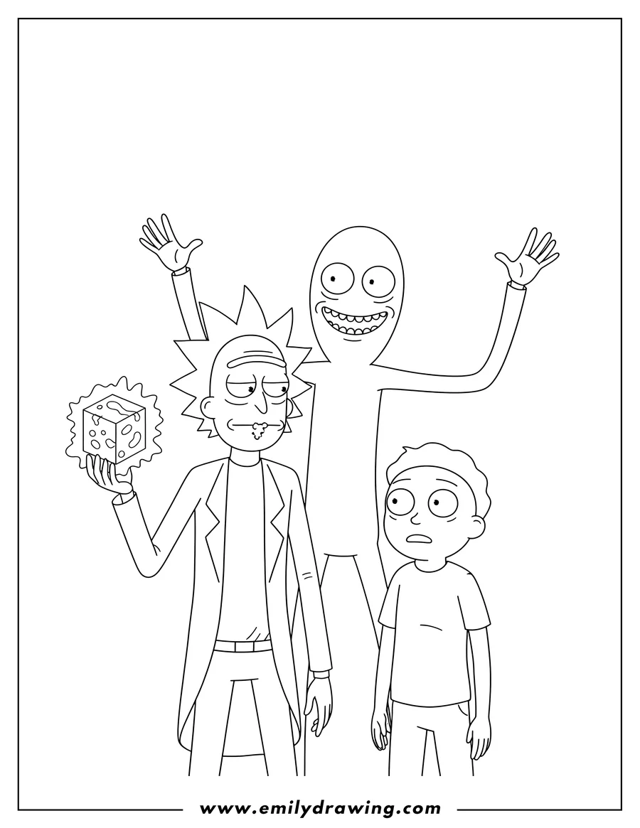 Coloring page for kids: rick, Morty, and Mr. Meeseeks, with Rick holding a cube and Mr. Meeseeks with raised arms