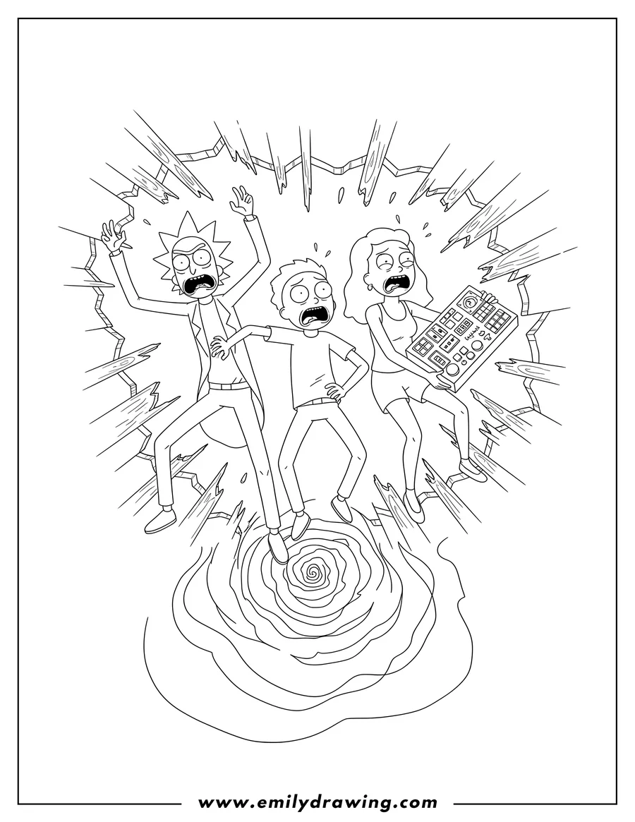 High quality printable rick, Morty, and Summer screaming as they fall through a broken floor, Summer holding a large panel for coloring