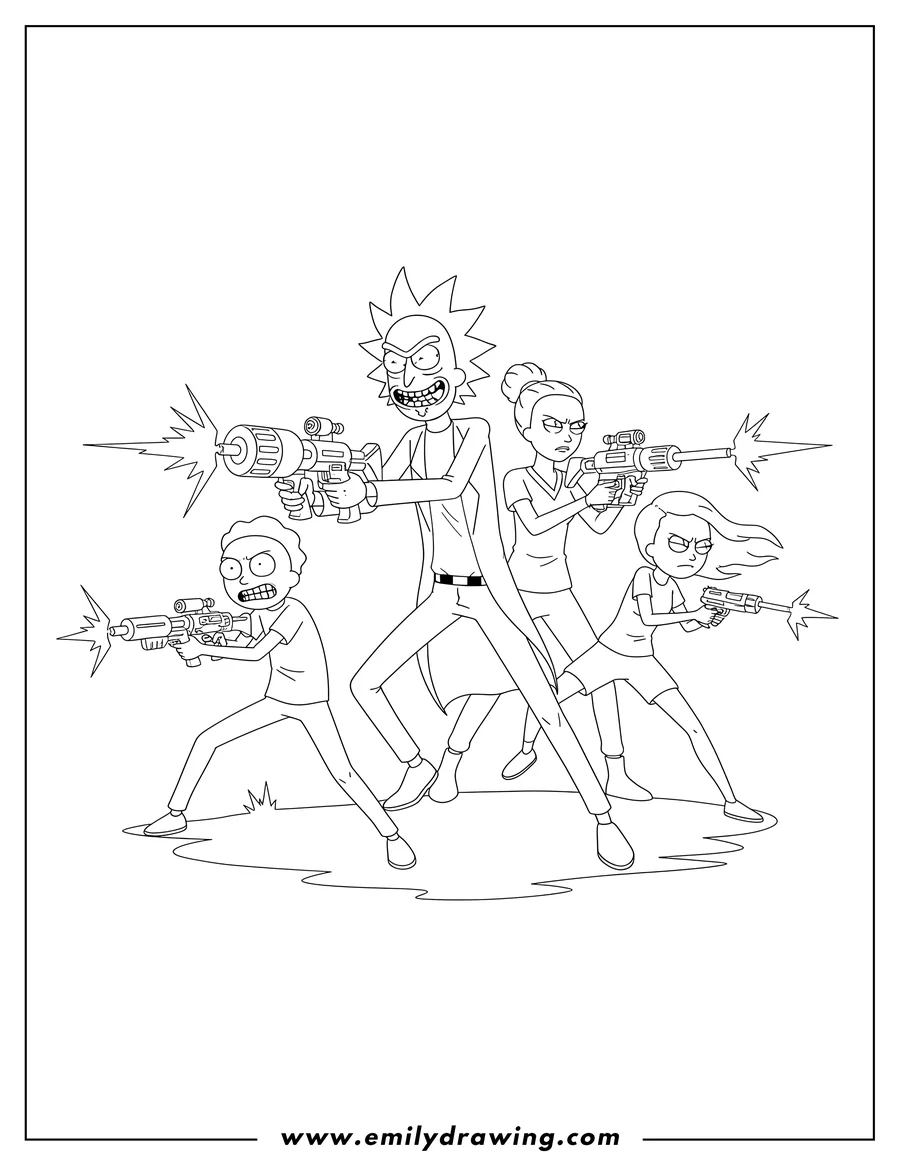 Linear illustration of rick, Morty, Summer, and Beth holding laser guns in action poses