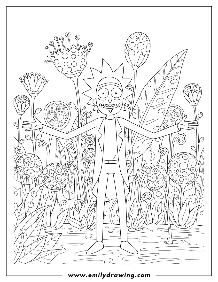 Free to print drawing of rick standing in a field of tall alien plants with arms outstretched