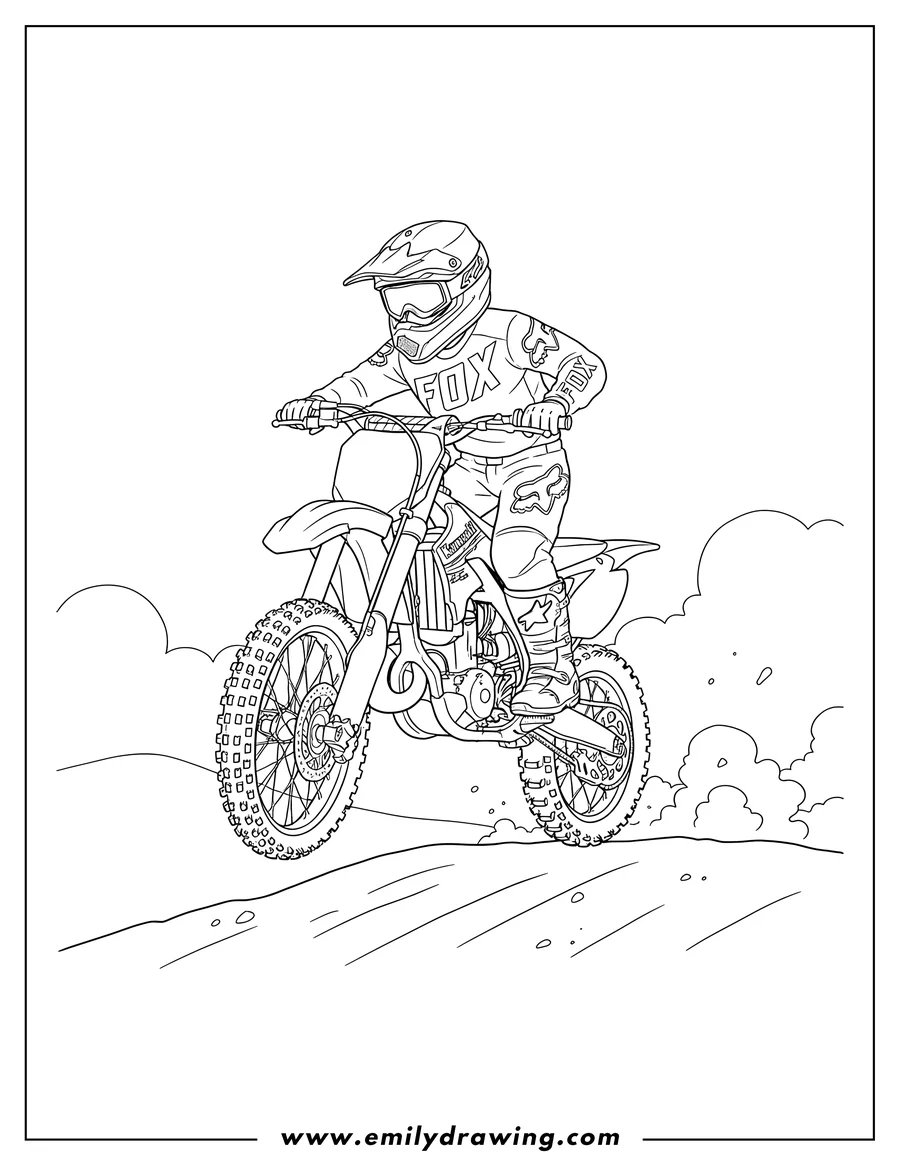 Coloring sheet featuring rider wearing a helmet and 'FOX' gear on a Kawasaki Dirt Bike, riding dynamically