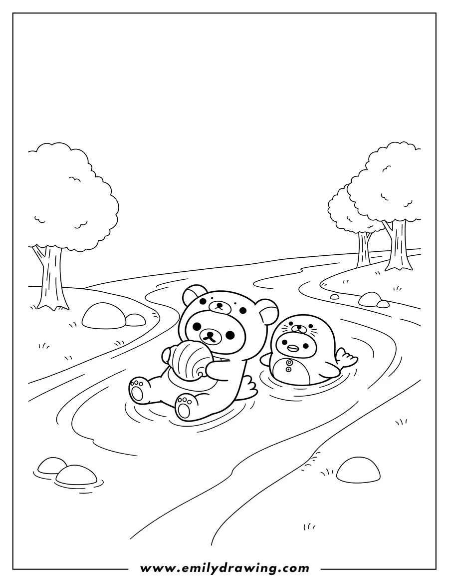 PDF style coloring page: rilakkuma And Korilakkuma Otter Onesies Floating On River With Kiiroitori in a seal costume, and Rilakkuma holding a shell