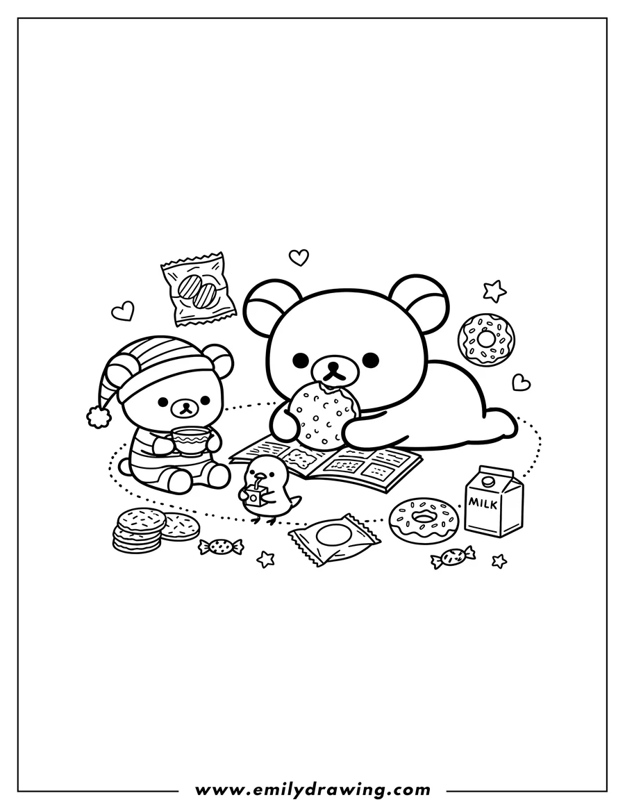 Printable line art of rilakkuma lying down eating a cookie and reading a magazine, Korilakkuma in a sleeping cap drinking from a cup, and Kiiroitori drinking from a carton, with snacks around them
