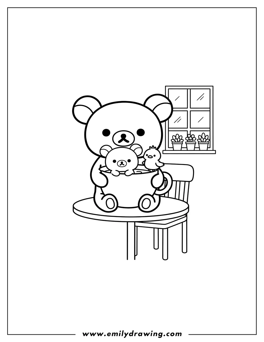 Doodle style coloring picture of rilakkuma holding Korilakkuma in a cup at a cafe with Kiiroitori