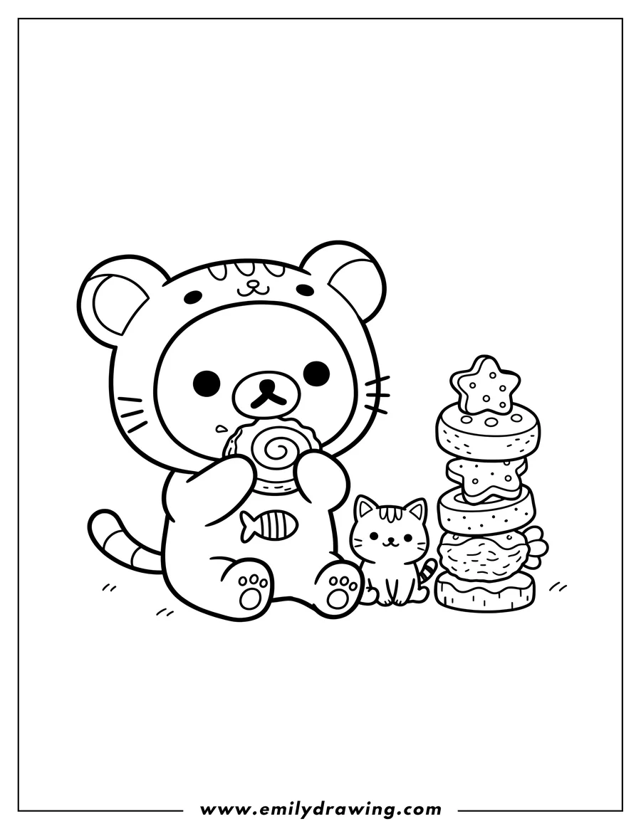 Outline drawing of rilakkuma Cat Costume eating a fish cake, accompanied by a small cat next to a stack of fish cakes