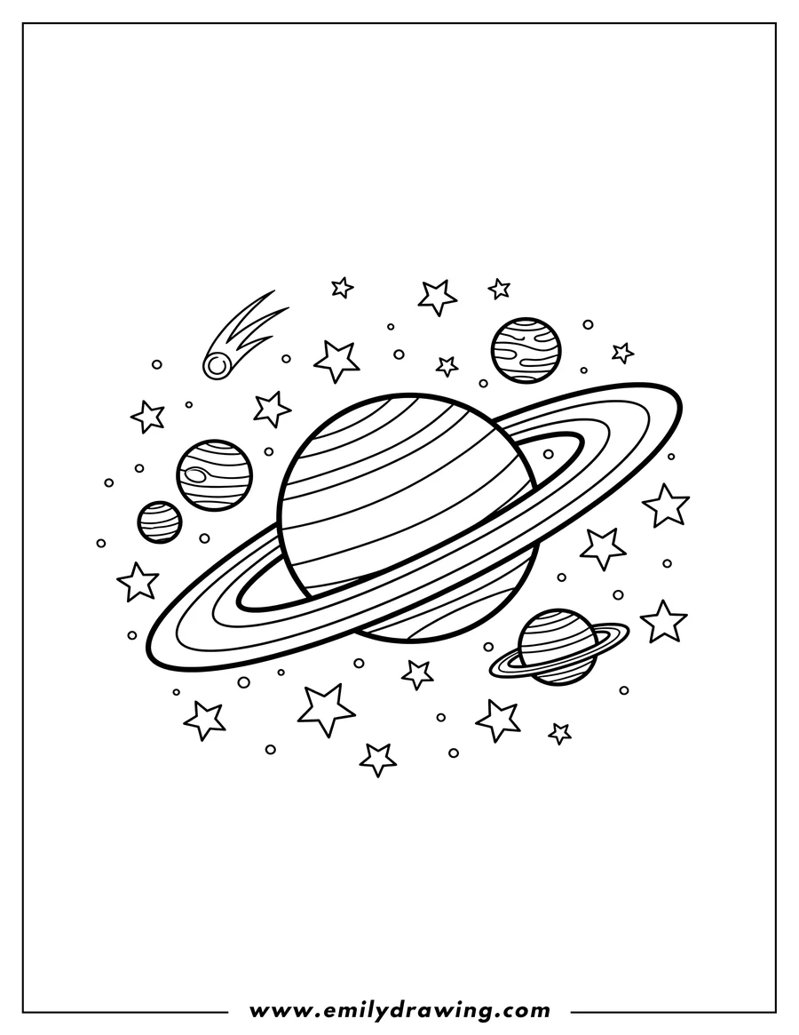 Coloring sheet featuring guess Planet Solar System Scaled, featuring a ringed planet and stars