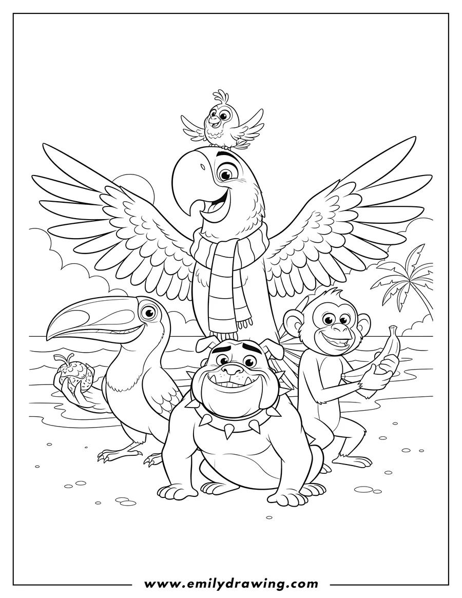 Linear illustration of rio Animals At Beach, with Blu wearing a scarf and a small bird on his head, posing with a toucan, monkey, and bulldog