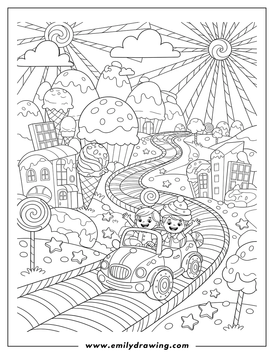 Full page coloring image of road Full Candy Cane, lollipops, and sweet treats to color