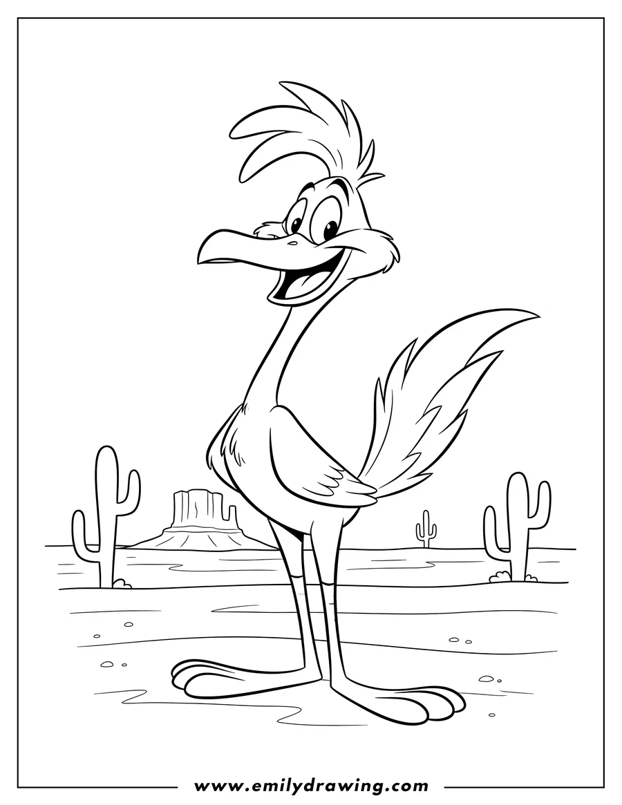 Black and white line art of road Runner Desert, smiling and standing