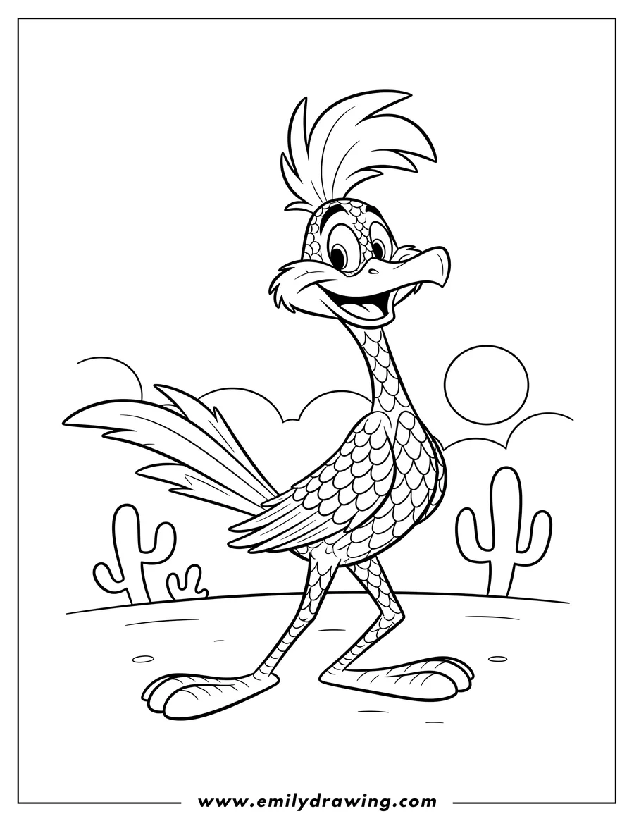 Simple sketch of road Runner Scaled, standing with a wide smile to color