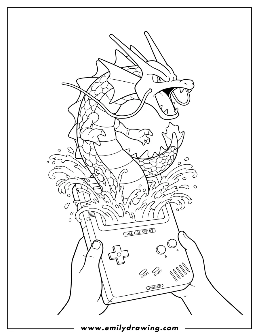 Linear illustration of roaring Gyarados emerging from a Game Boy