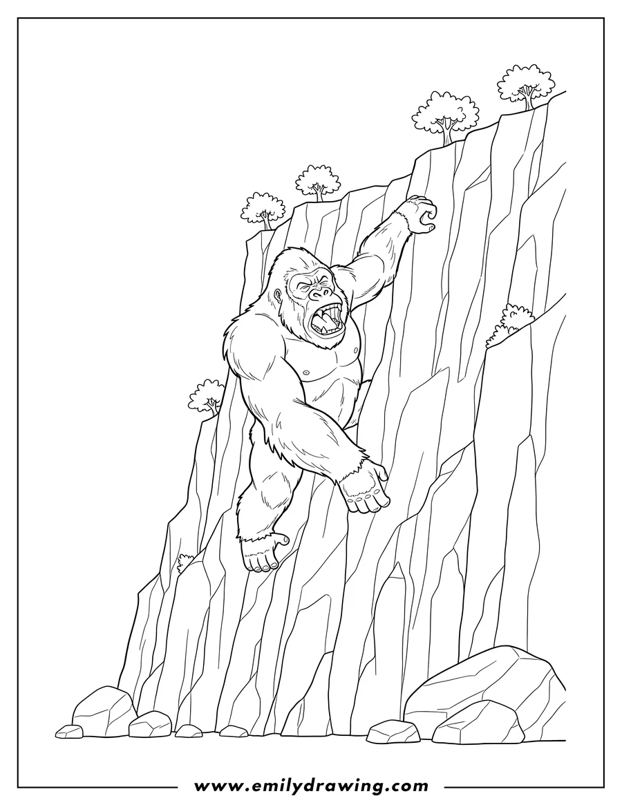 High quality printable roaring King Kong scaling a steep cliff for coloring