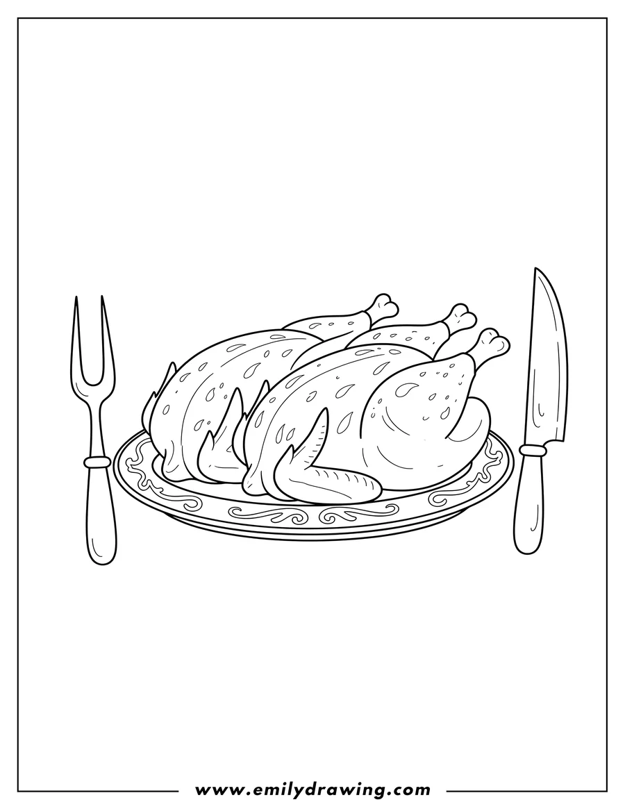 PDF style coloring page: roast Chicken To Color Scaled, two whole roasted chickens on a serving platter with a fork and knife