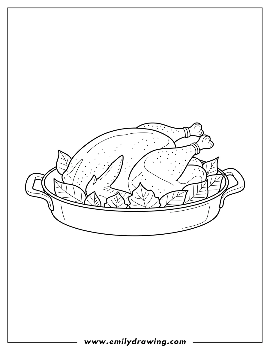Coloring page of roast Turkey in an oval pan with leaves