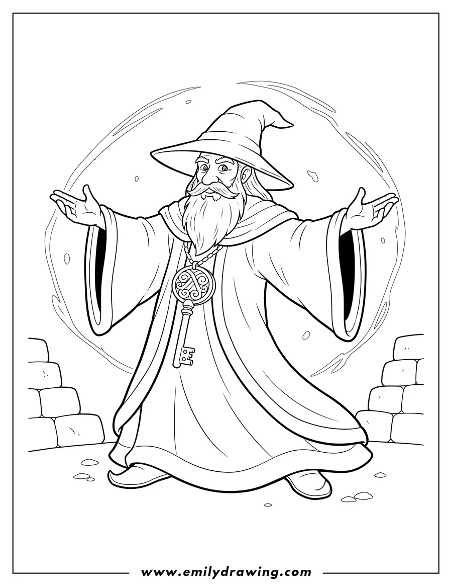 Printable coloring page of dungeons And Dragons Video Game, robed wizard with arms outstretched and key necklace