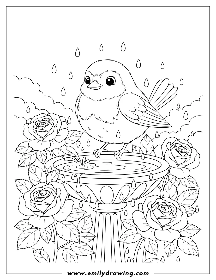 Outline drawing of robin standing on a birdbath with water dripping, surrounded by blooming roses and raindrops