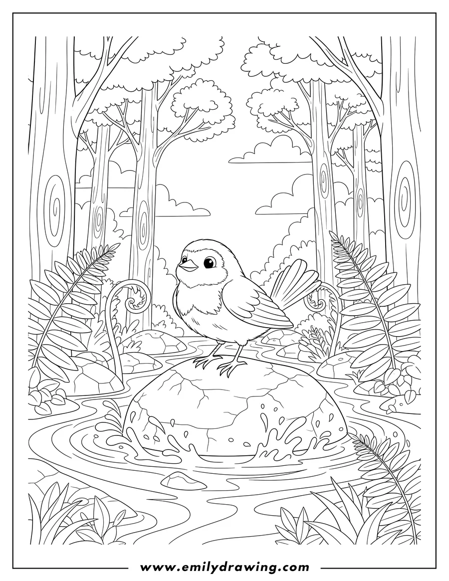 Printable line art of robin Standing On a Rock in a Forest Creek, Looking Left, Surrounded By Ferns And Trees