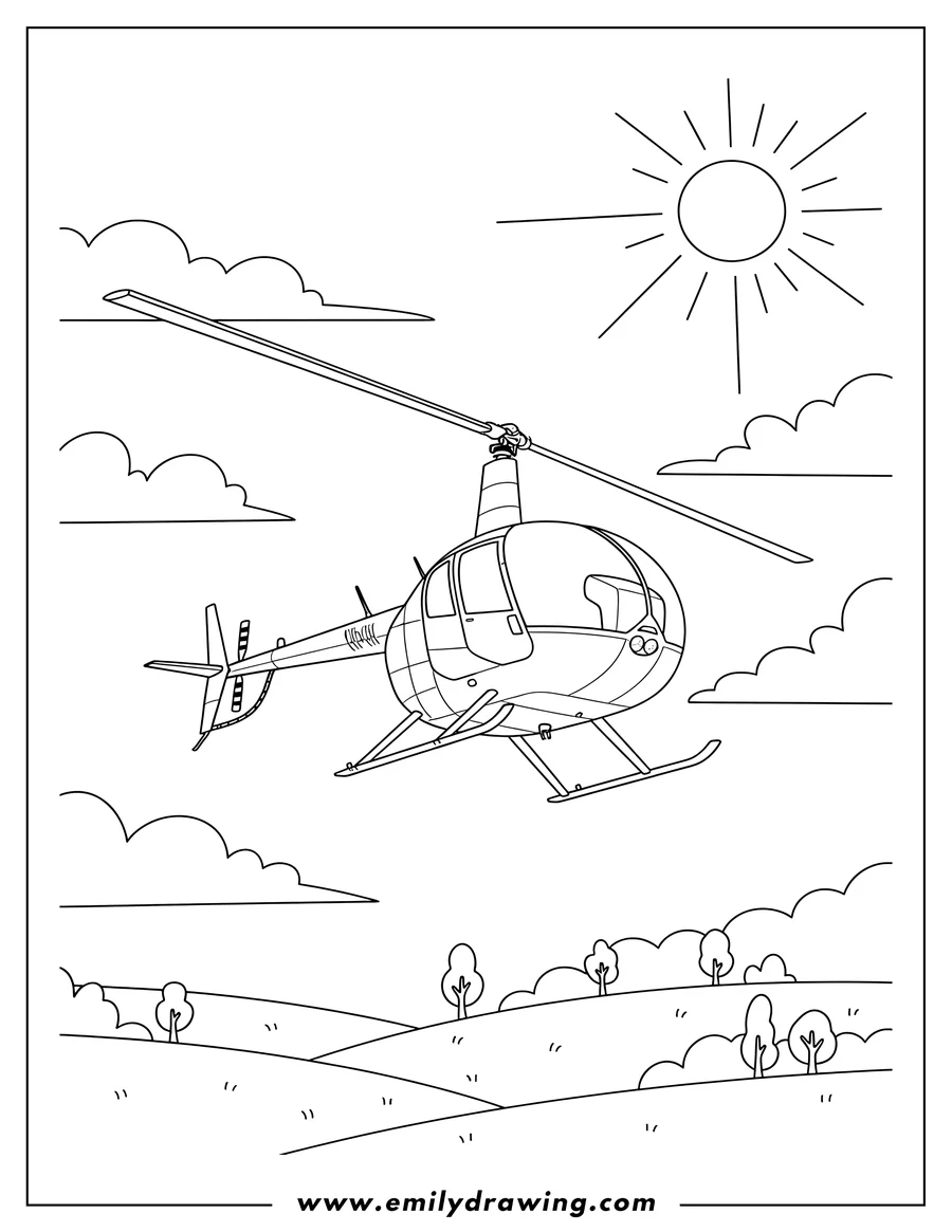 Vector style outline of robinson R44 Helicopter flying, coloring page