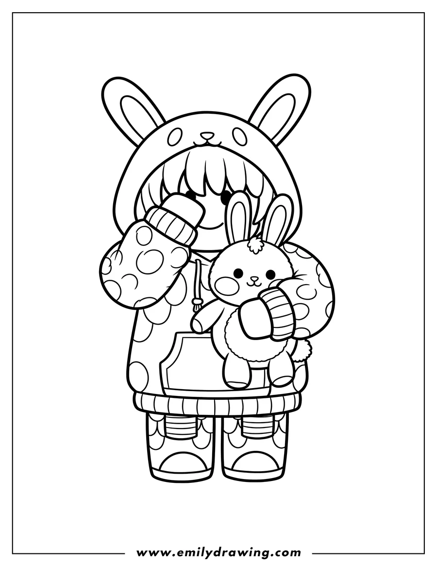 Black and white line art of roblox Kawaii Skin Scaled in an animal-eared hoodie, with hands covering its face, and a bunny plushie