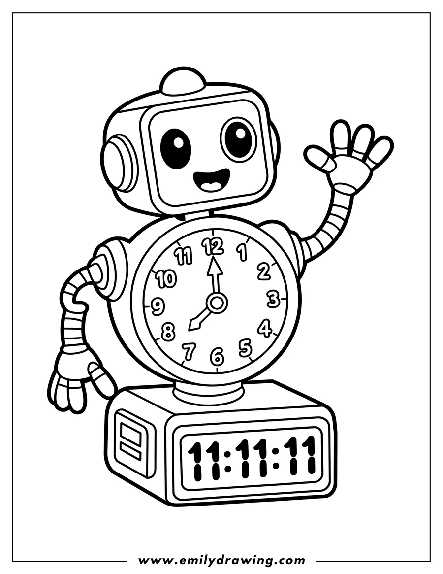 Line art of a friendly robot with an analog clock as its body and a digital clock display on its base, waving with one hand.