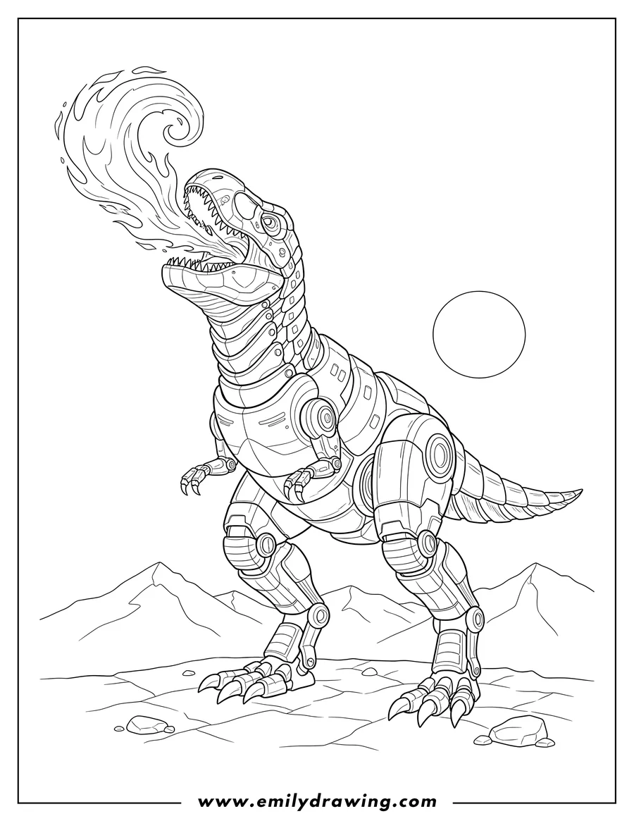High quality printable robot Dinosaur Scaled, a T-Rex, breathing fire for coloring