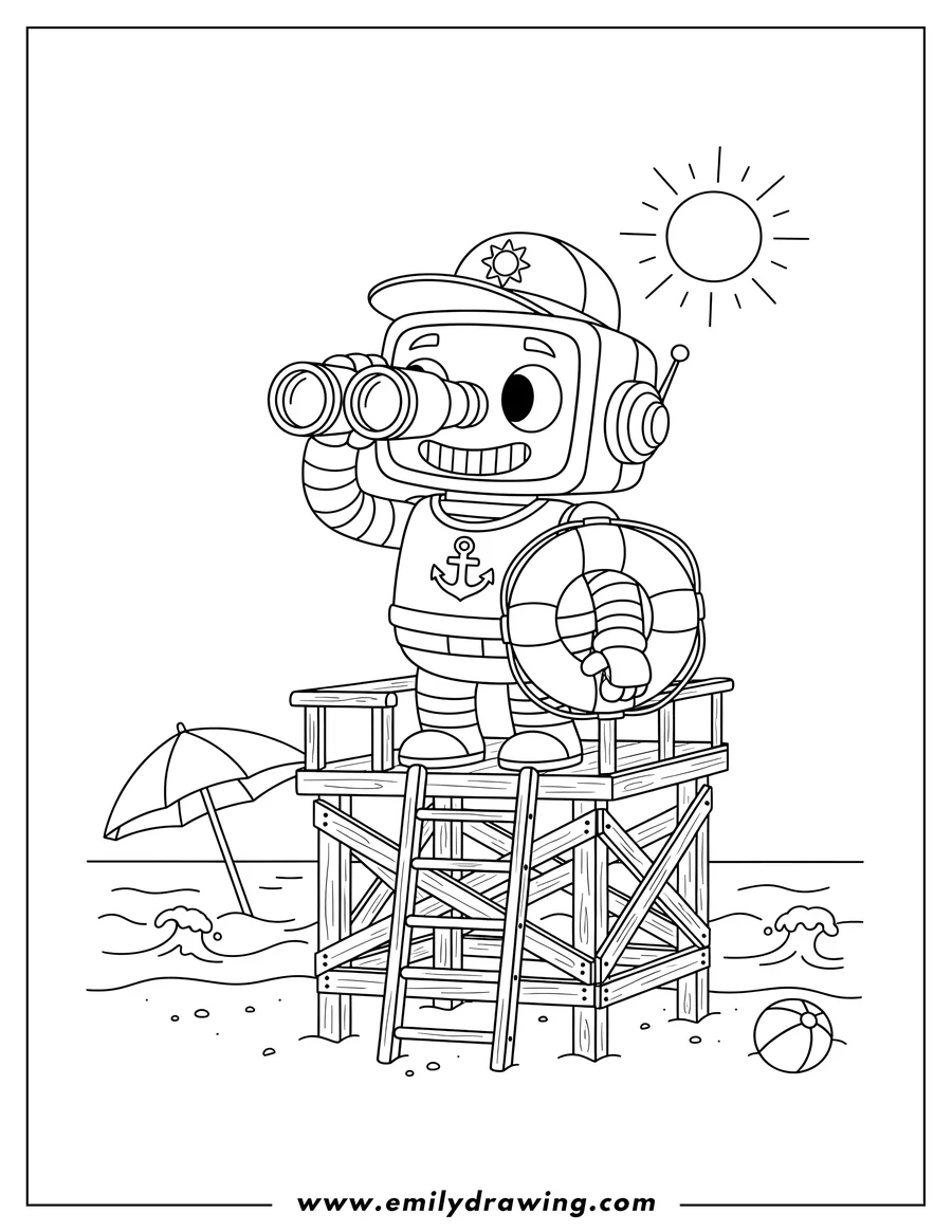 Doodle style coloring picture of robot Lifeguard with binoculars, holding a lifebuoy, at a beach lifeguard tower
