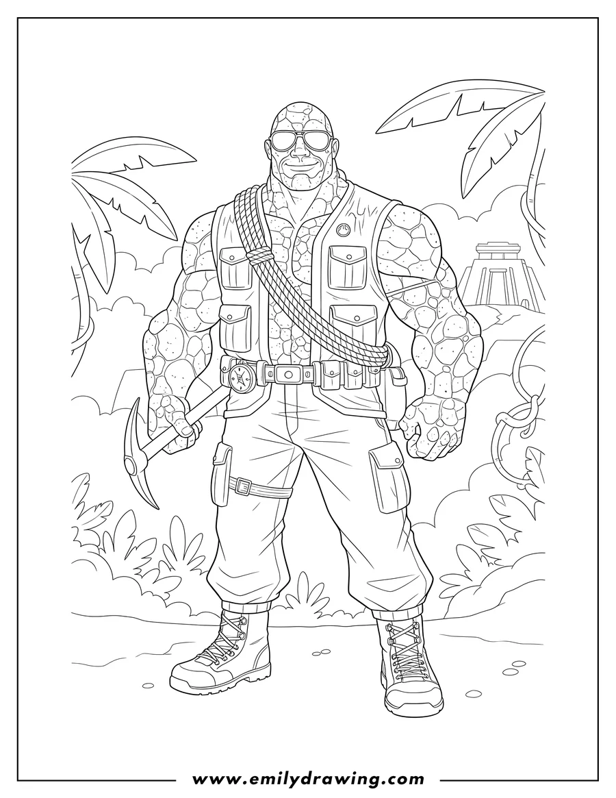 Simple sketch of rock Jumanji wearing sunglasses and an adventure outfit to color
