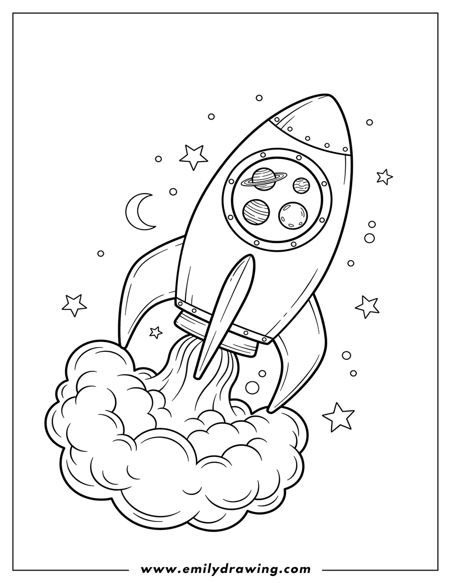 Free to print drawing of rocket Blasting Into Space with a porthole and smoke, showing two ringed planets and two regular planets