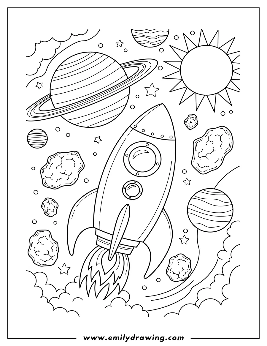 PDF style coloring page: rocket Taking Off Into Space With Planets To Color Scaled, featuring a rocket with portholes, ringed planets, a sun, and asteroids
