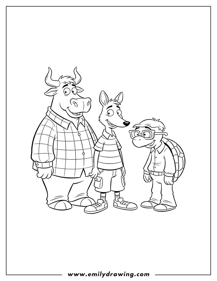 Coloring sheet featuring rocko's Modern Life Nickelodeon: Rocko, Heffer, and Filburt standing together
