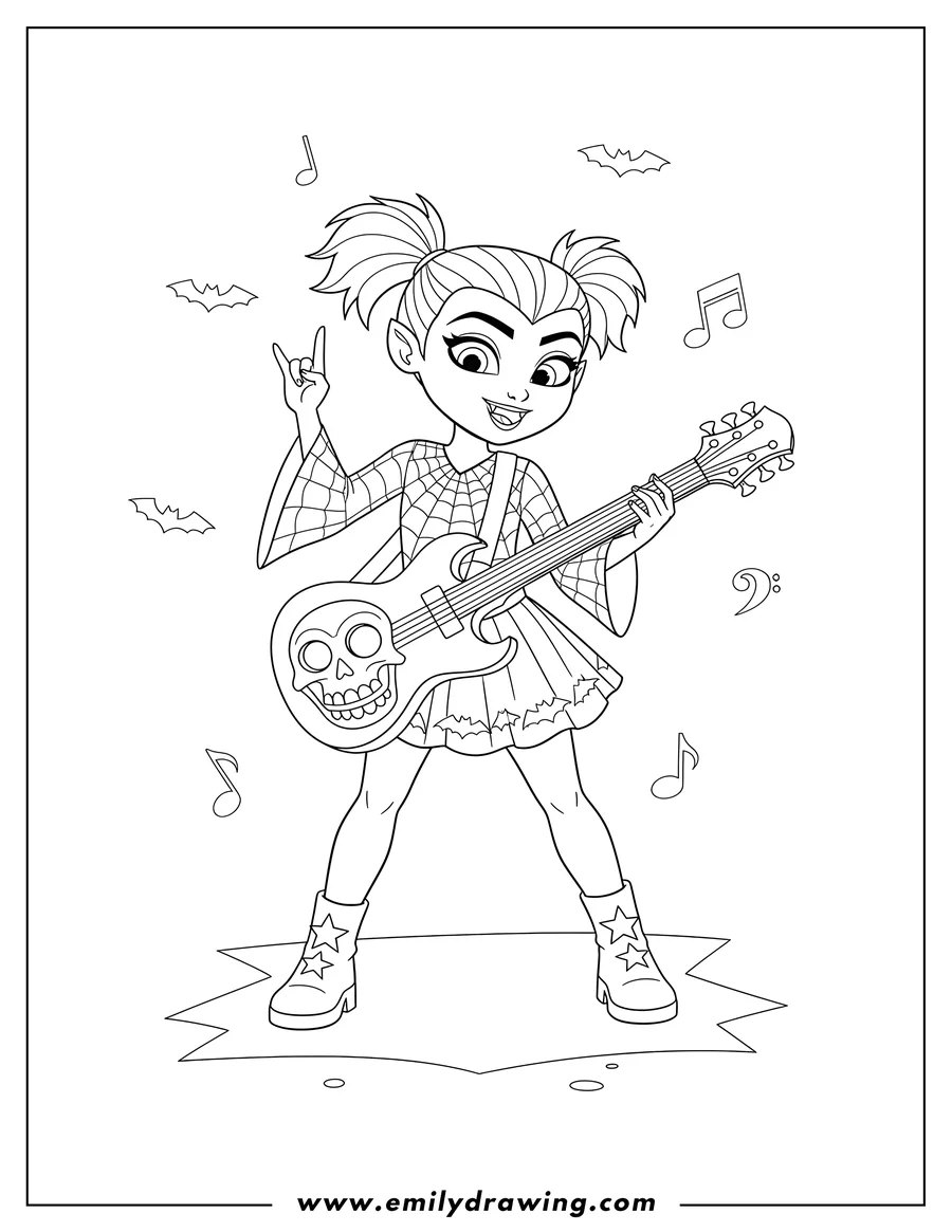 Printable coloring page of rockstar Vampirina playing a skull guitar, with a rock-on hand gesture, wearing a spiderweb top