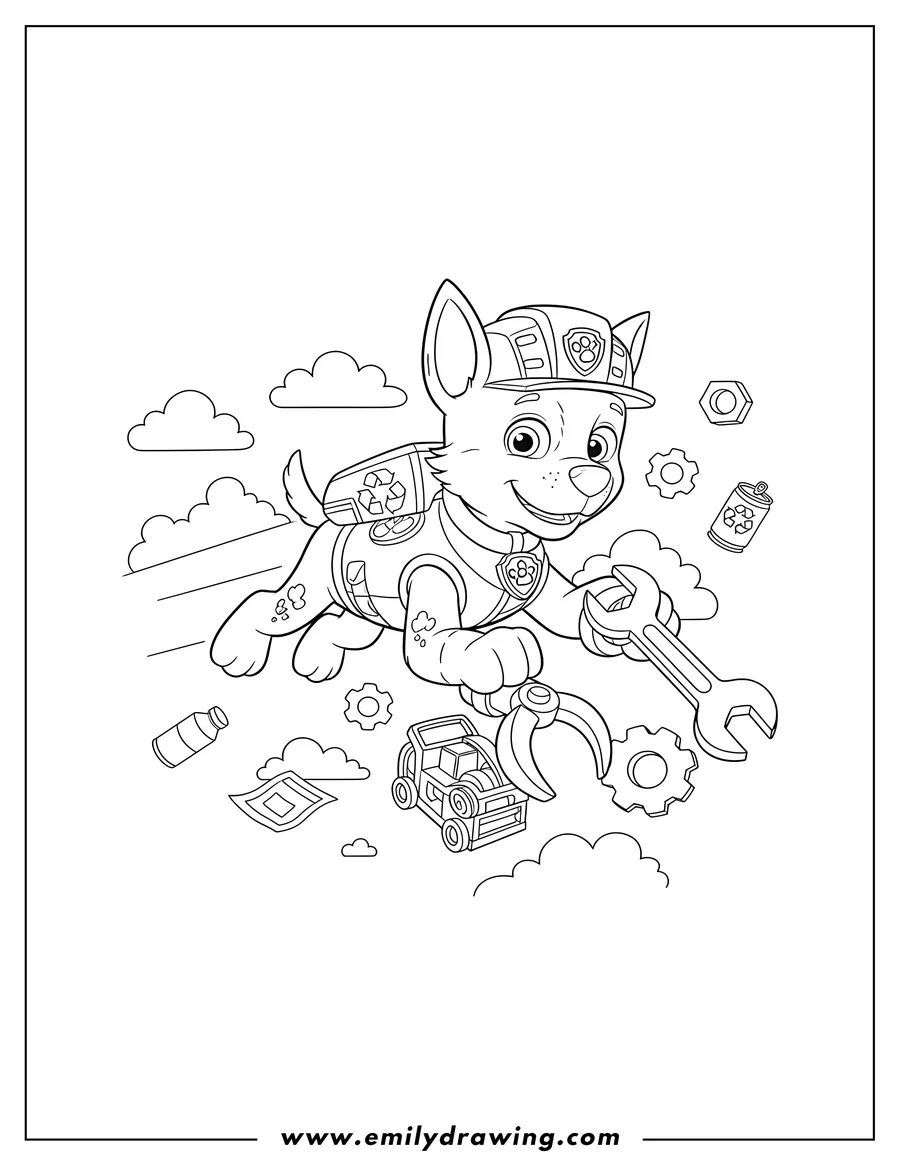 High quality printable rocky from Paw Patrol flying with his recycling tools for coloring