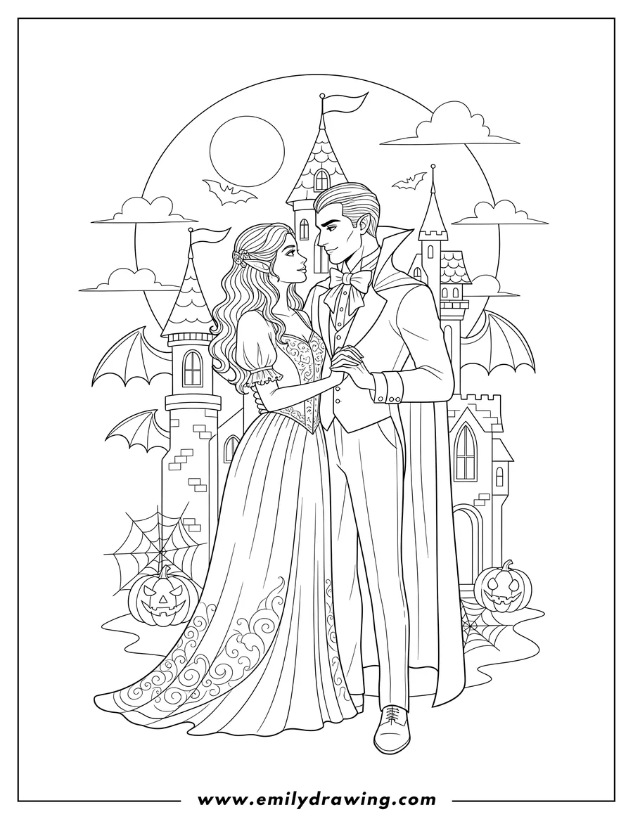 Doodle style coloring picture of romantic Vampire and Woman with pointy ears embracing, gazing at each other, front Gothic Castle Halloween Adults