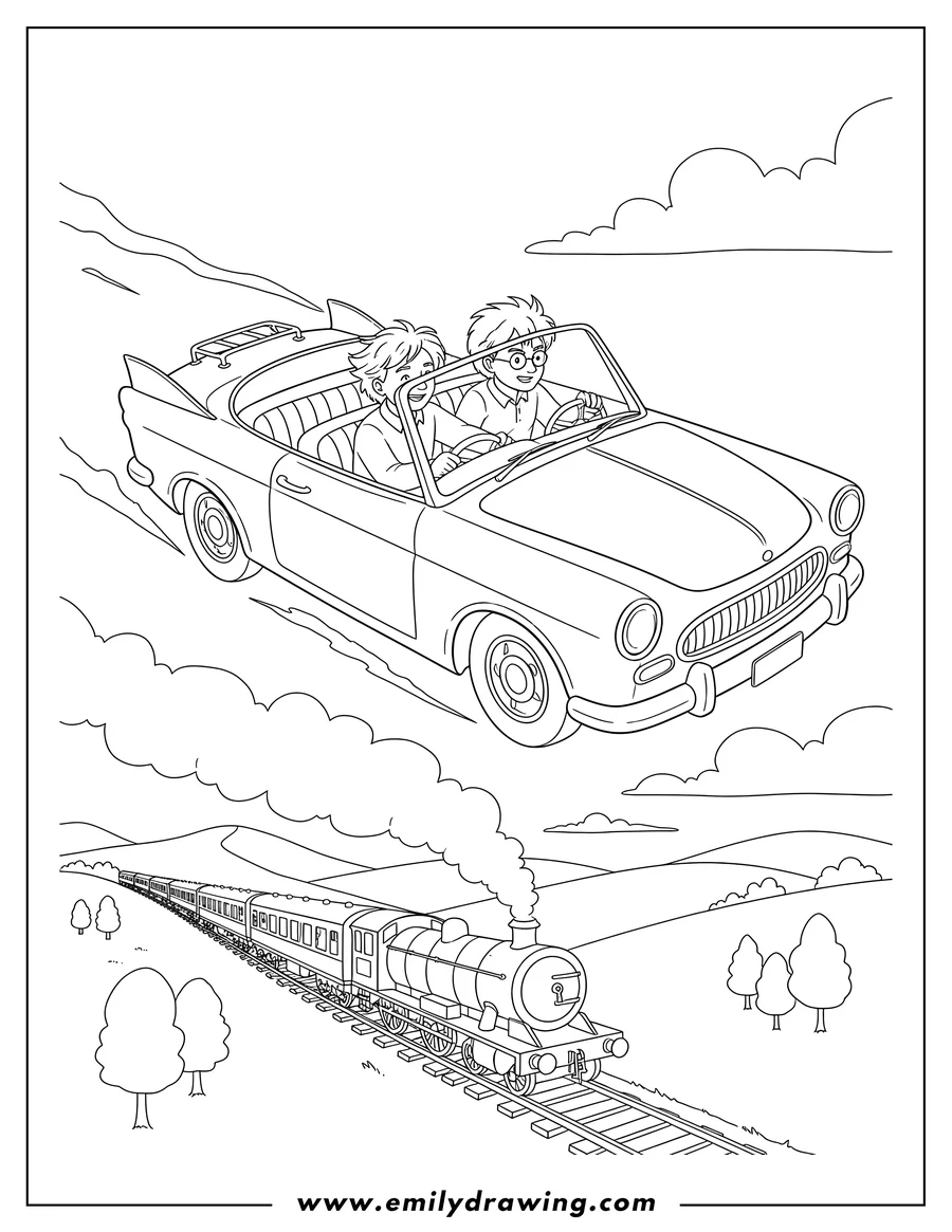 Free to print drawing of ron And Harry Flying Car V2, Harry driving alongside a train