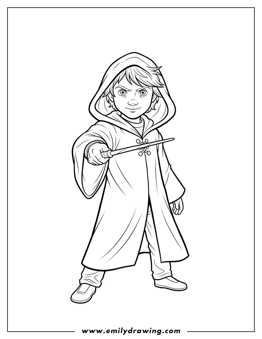 Coloring page of ron Weasley looking forward, holding his wand pointed forward, wearing wizard robes