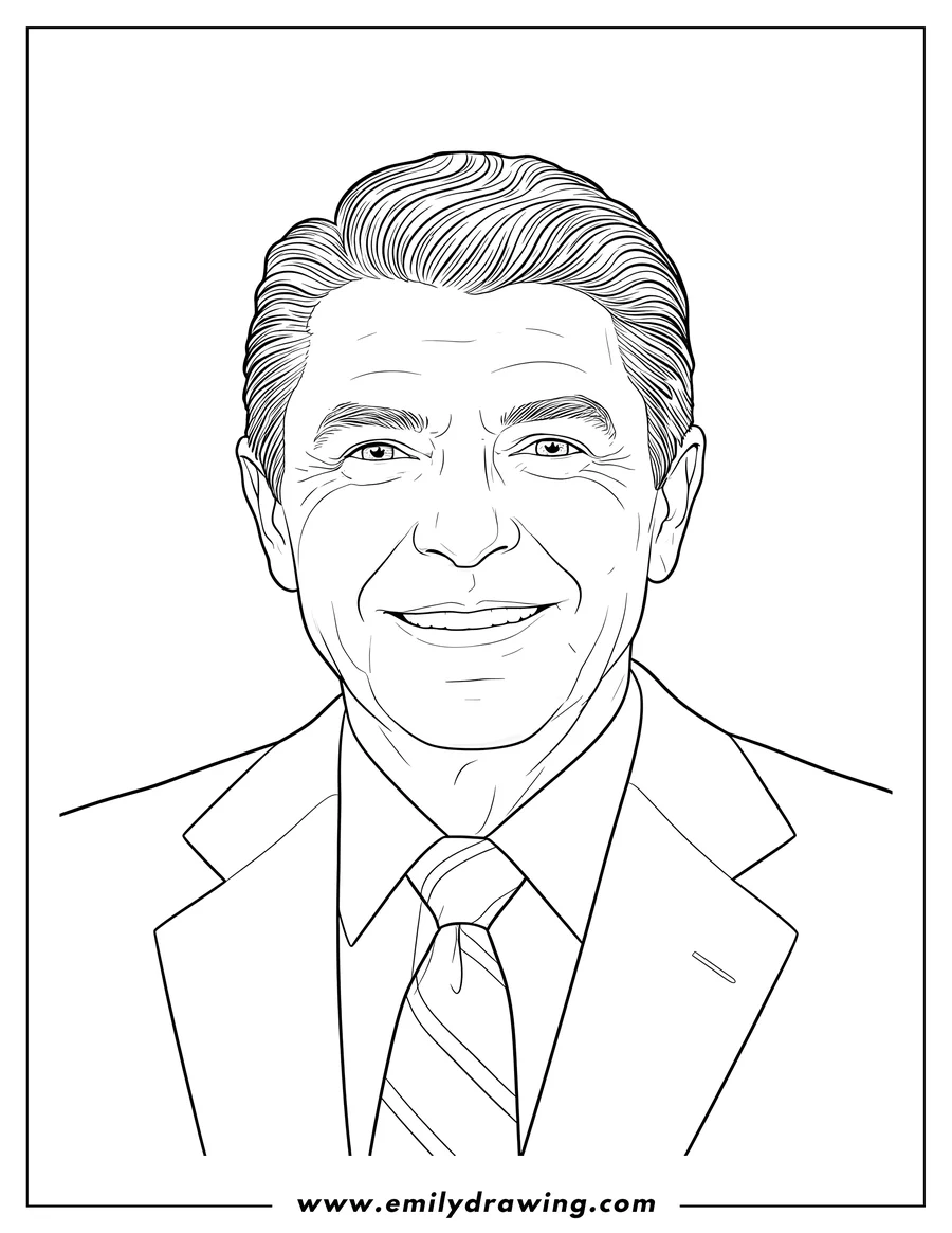 Linear illustration of president Ronald Reagan, smiling, wearing a suit