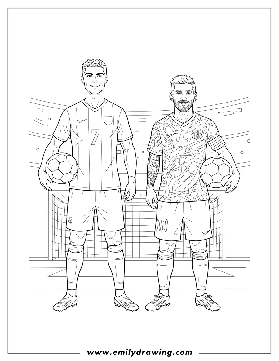 Printable coloring page of cristiano Ronaldo and Lionel Messi standing side-by-side in their soccer jerseys