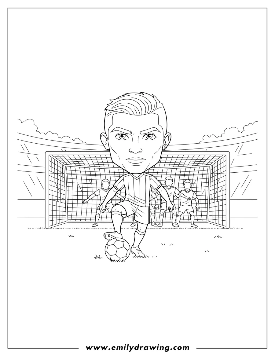 Vector style outline of ronaldo Penalty Shoot Out To Color, standing over a soccer ball, facing a goal with a defensive wall