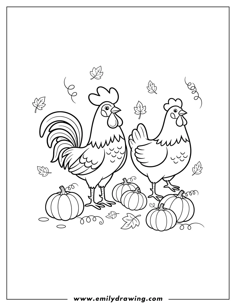 High quality printable rooster and Hen standing side-by-side among autumn leaves and pumpkins for coloring