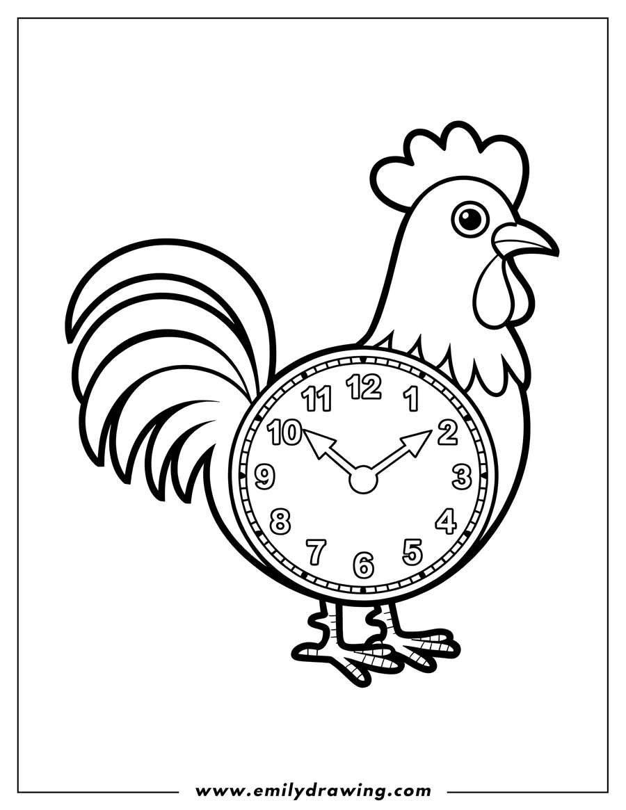 Outline of a rooster with a clock face as its body. The clock shows the time with numbers 1-12 and hour and minute hands.
