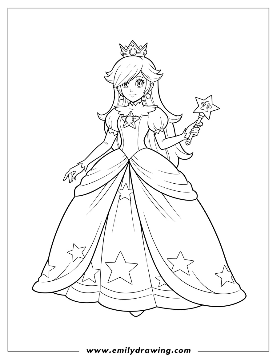 High quality printable rosalina in her detailed gown, wearing a crown and star brooch for coloring