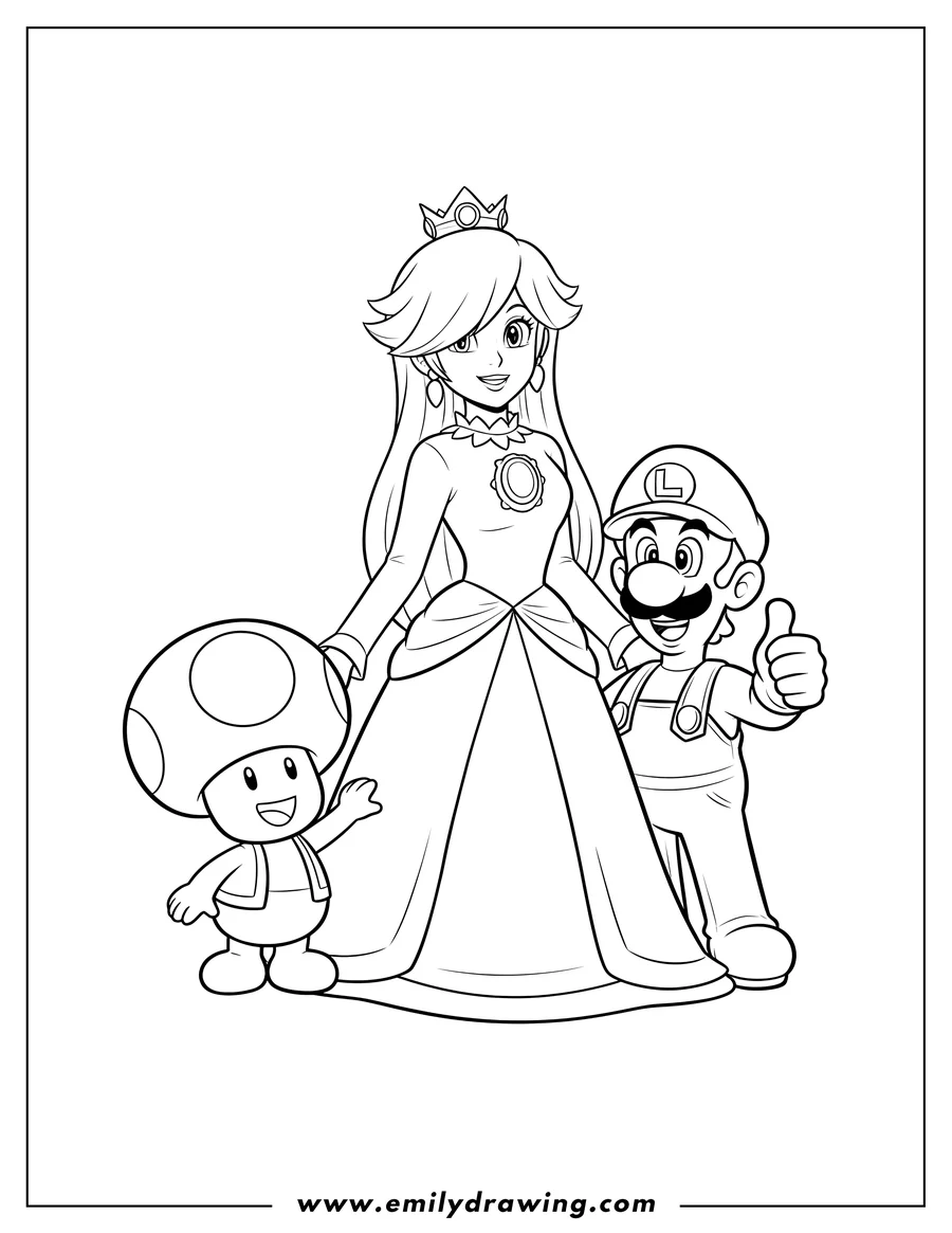 Clean line drawing: rosalina, smiling Toad, and Luigi standing together