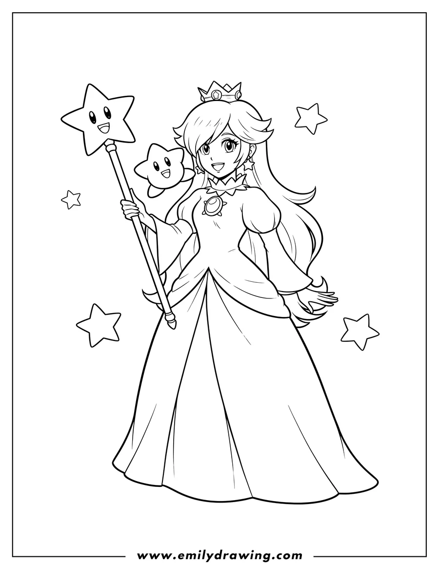Vector style outline of rosalina Smiling While Holding Star Wand, with a Luma