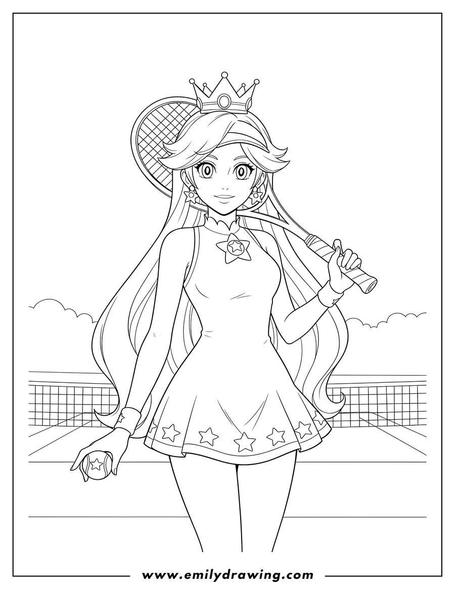 Black and white line art of rosalina wearing a crown and a tennis dress, holding a tennis racquet over her shoulder, with a tennis ball
