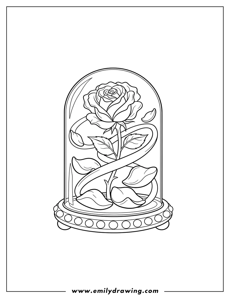 Coloring sheet featuring beauty And Beast Rose Glass with fallen petals